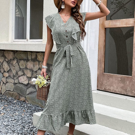 S / Green Boutique Summer Girls Dress Ruffle Clothing Women Dress Floral Printed Casual Dress