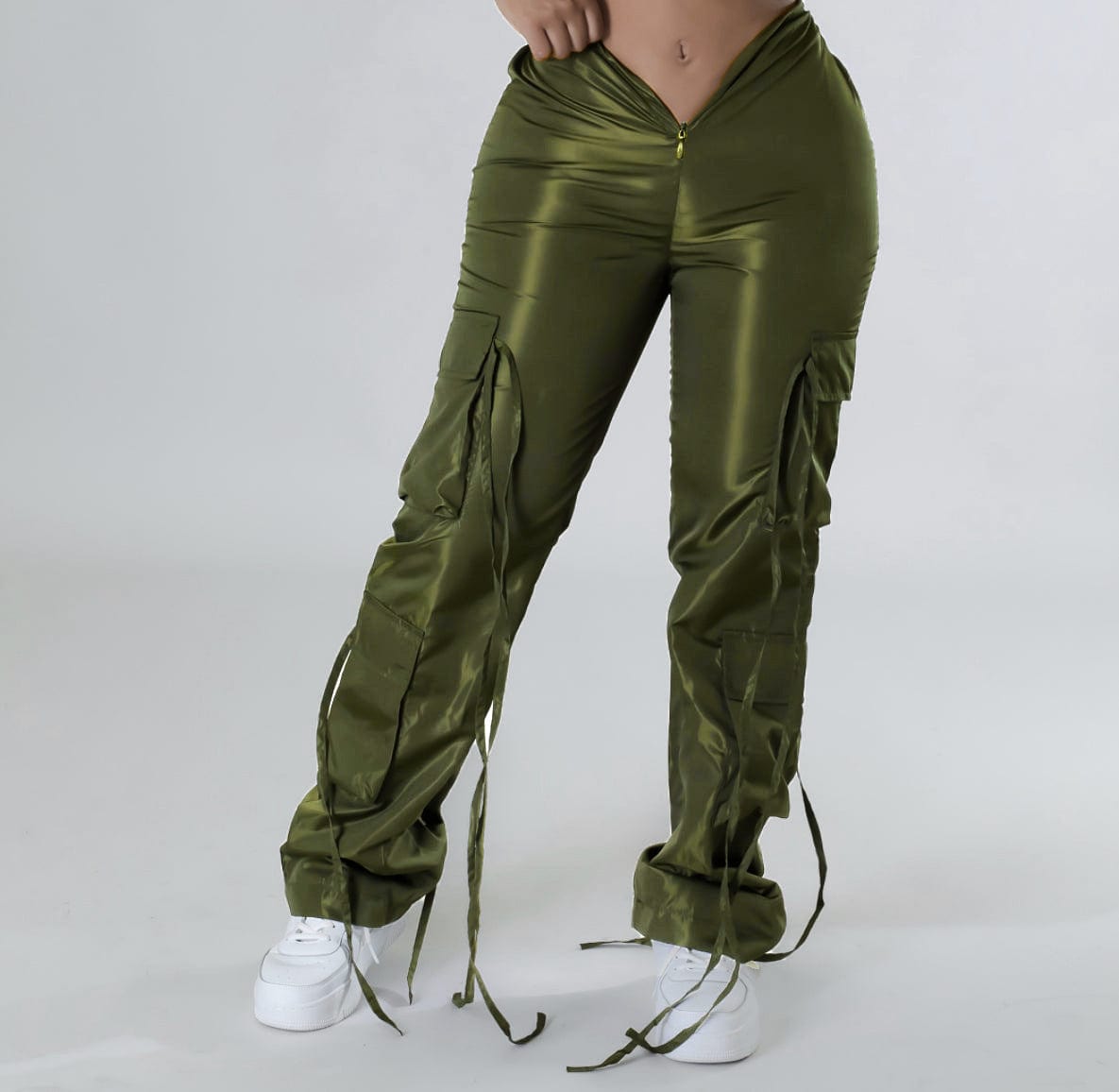 S / green C0559 Solid zipper closure strap green casual working trousers women