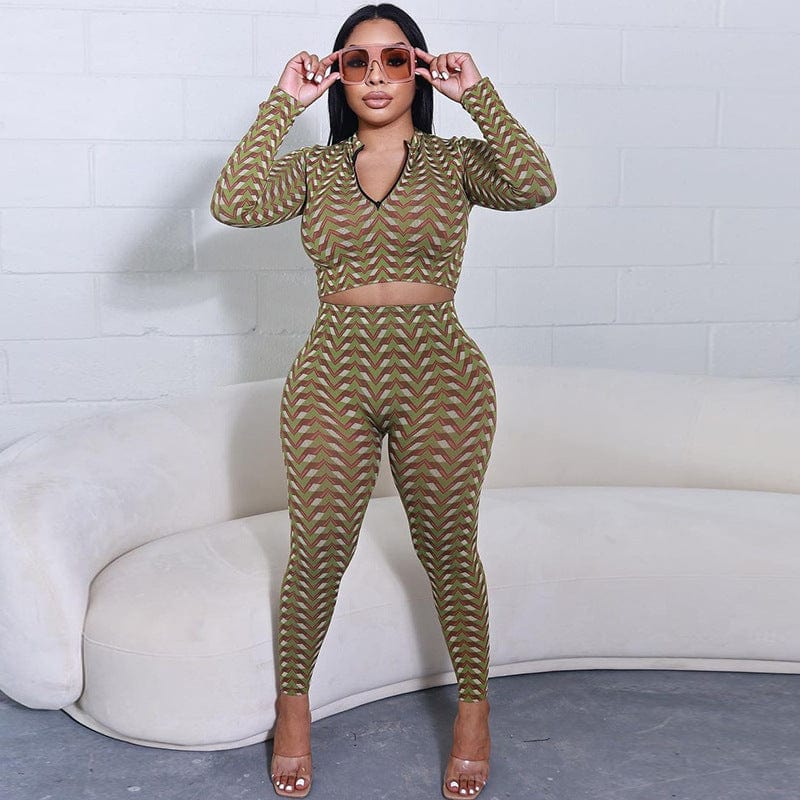 S / green C0941 Spring 2023 New Fashion Irregular Print Long Sleeve Zipper Top Tight High Waist Two Piece Pants Set Women