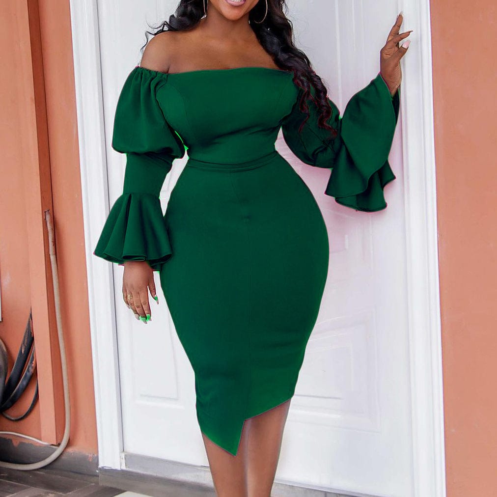 S / green C1104ME37 High Quality Elegant Off Shoulder Solid Color Ruffles Bodycon Dress Women Sehe Fashion