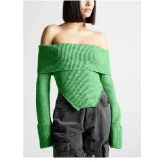 S / green CHICEVER Casual Slash Neck Long Sleeve Cold Shoulder Knitted Sweaters For Women 2023