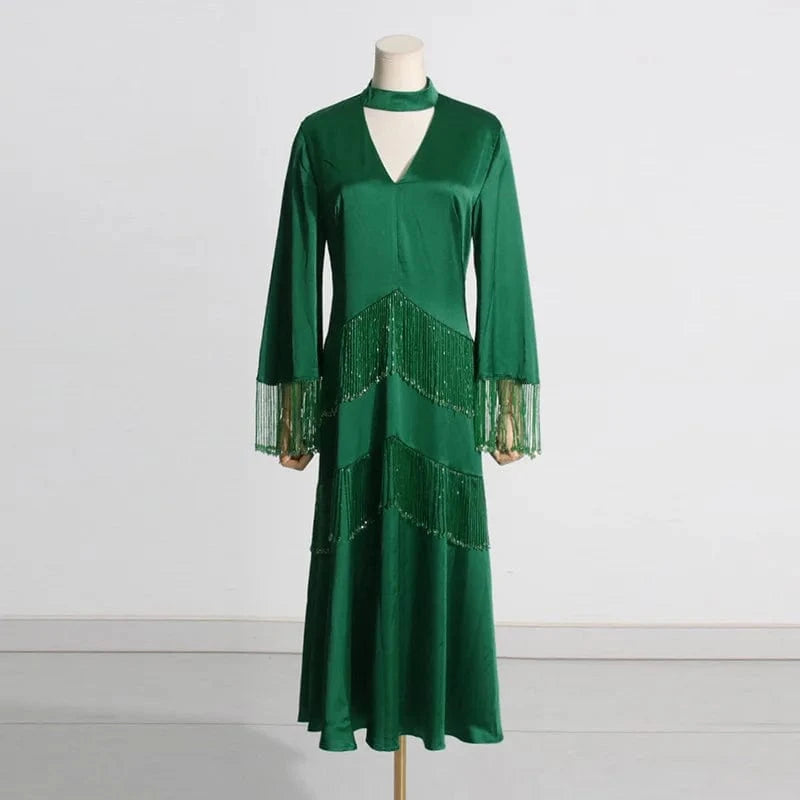 S / green CHICEVER Patchwork Tassel Hollow Out Stand Collar Long Sleeve High Waist Long Sleeve Dresses Long Dress For Women