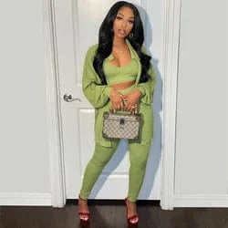 S / green Clothing High Quality Women Fall Knit Set Tank Top Jacket and Pants Solid Rib 3 Piece Set Women