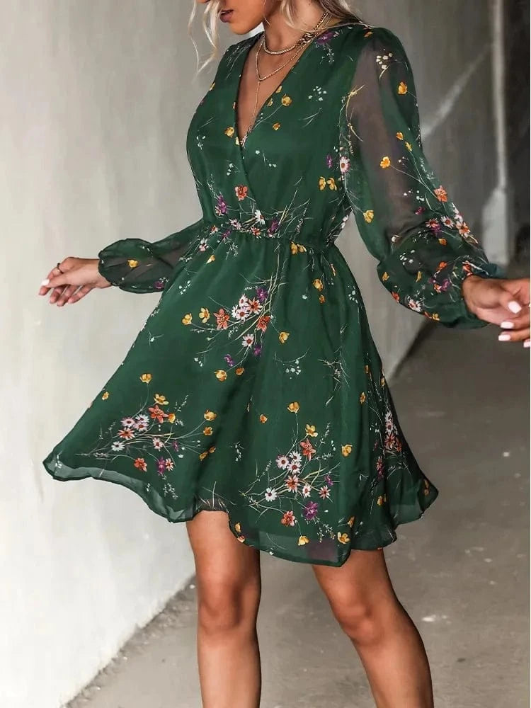 S / green Cross-border Hot-selling dress V-neck Elegant Chiffon Printed floral Spring Pivot dress