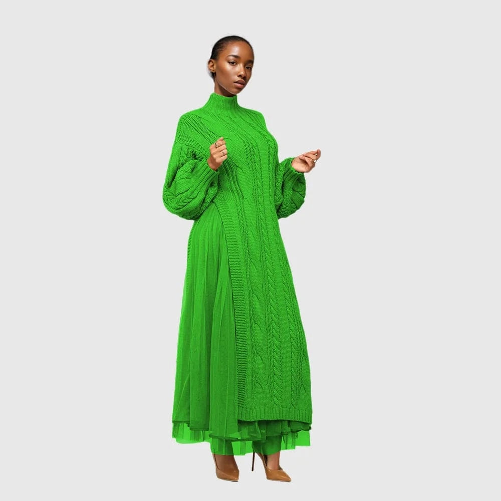 S / green D1211TA05 New Trendy Solid Color Long Sleeve Casual Turtleneck Mesh Knit Dress Sehe Fashion