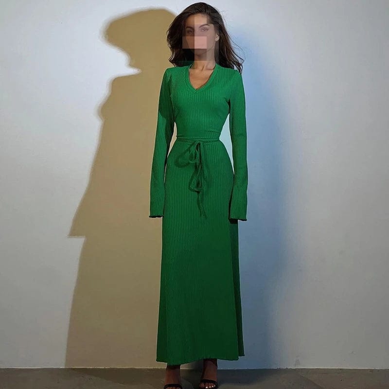 S / green D3914310k Winter New Stylish Women's V-neck Dress Solid Color Lace-up Long-sleeved Maxi Dress Bodycon Party Dress Women