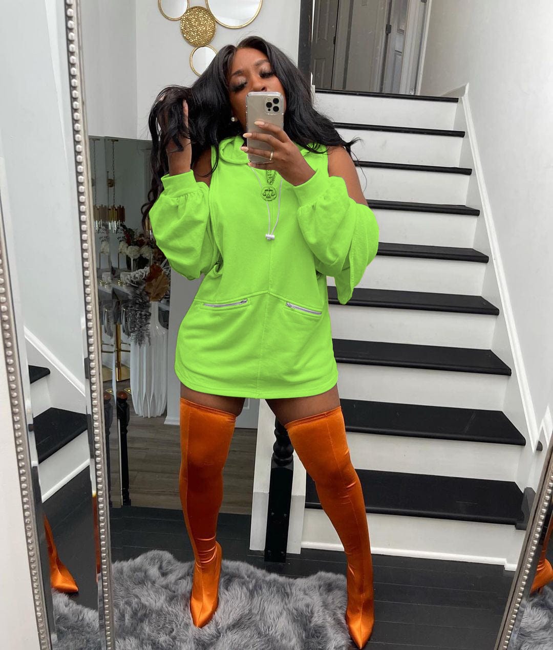 S / green Fall Trendy Zipper Solid Color Hooded Pullover Sweater Women Casual Hollow Out Solid Midi Sweatshirt Dress