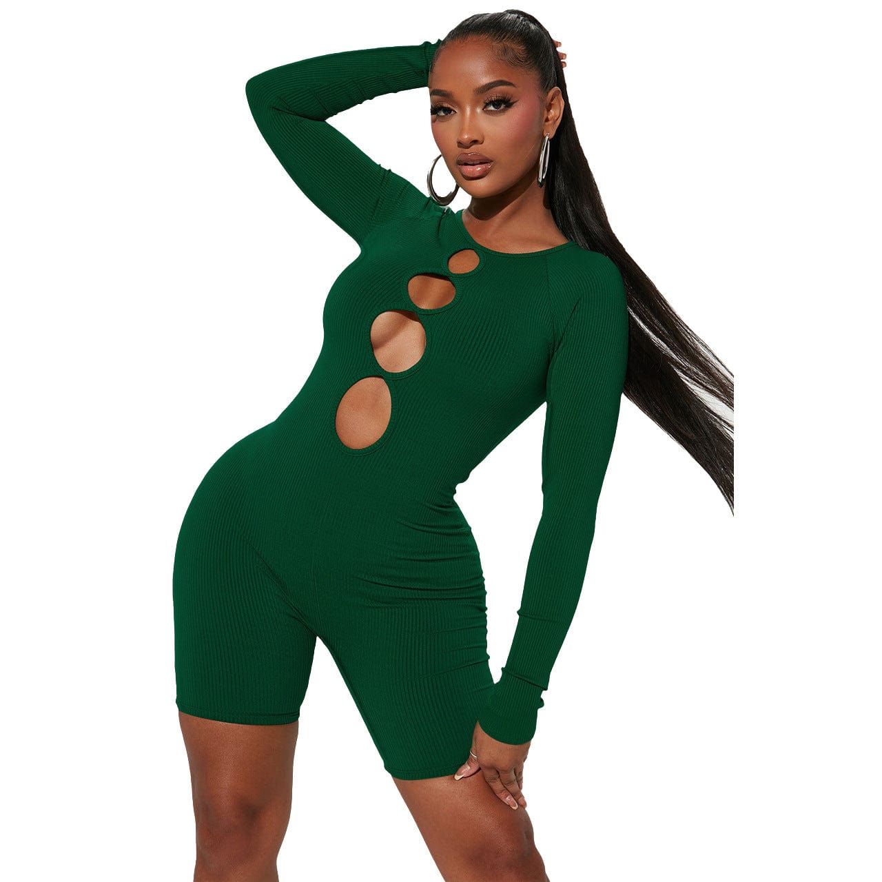 S / green Hollow out Short One Piece Jumpsuit Women Autumn Ribbed Bodysuit Rompers for Sexy Ladies Womens Playsuit &Jumpsuit