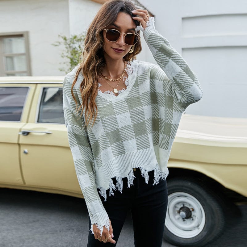 S / green Hot 2022 Sexy Off-The-Shoulder V-Neck Knitted Top Ripped Plaid Loose Sweater