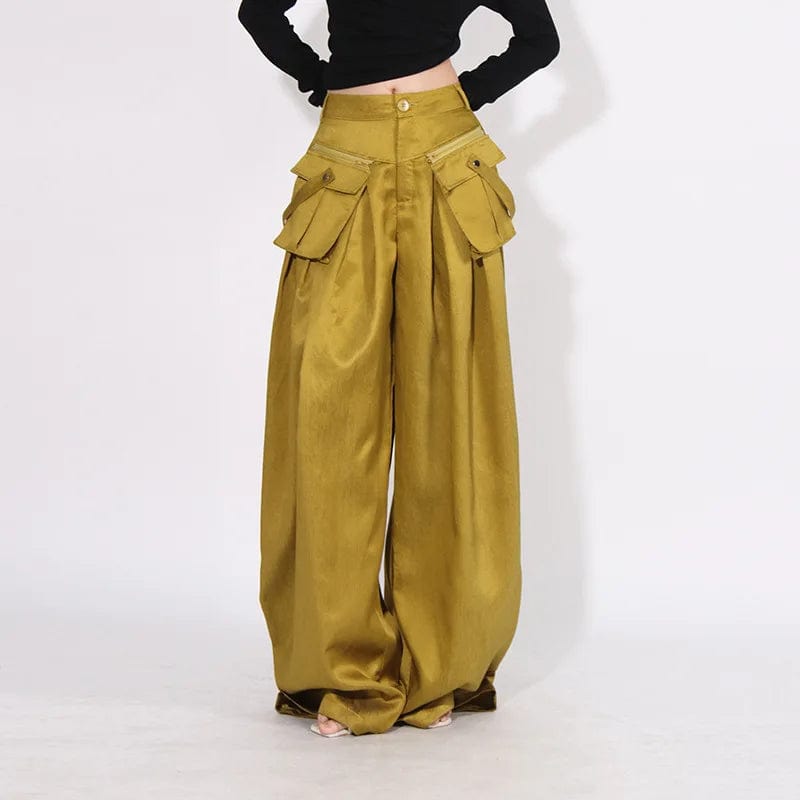 S / green OUDINA 2023 Autumn Fashionable Loose Casual Trousers Pleated Stitching Zipper Pocket Design Wide Leg Pants Women