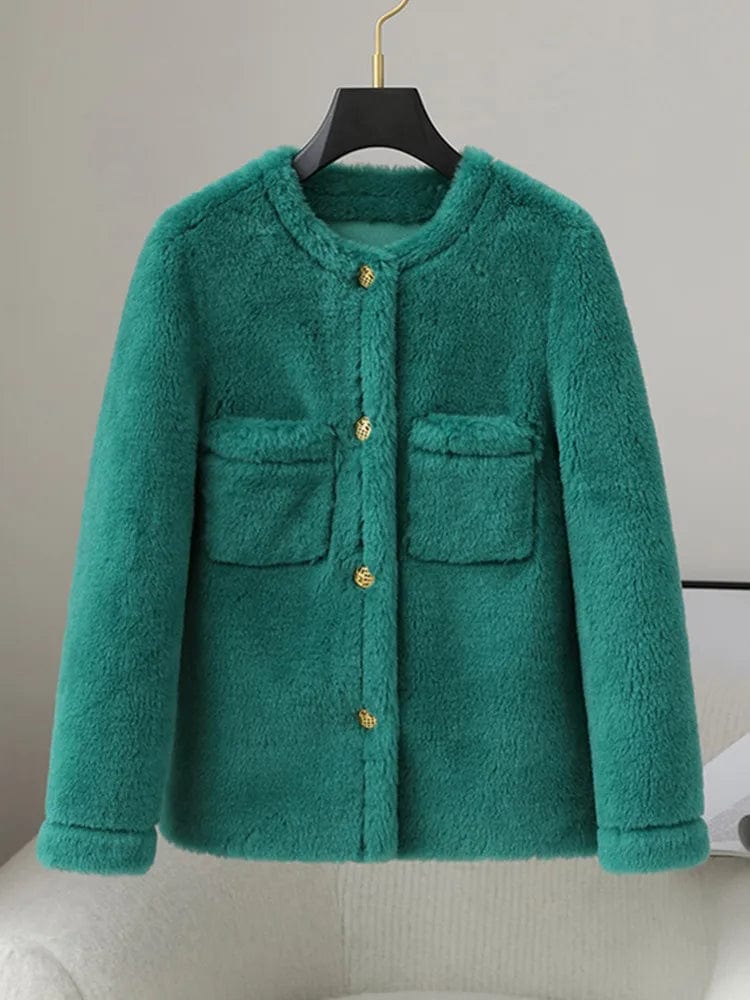 S / green PDUI Women Real Wool Fur Coat Winter Warm Female Girl Sheep Shearing Jacket Parka OverCoat CT146