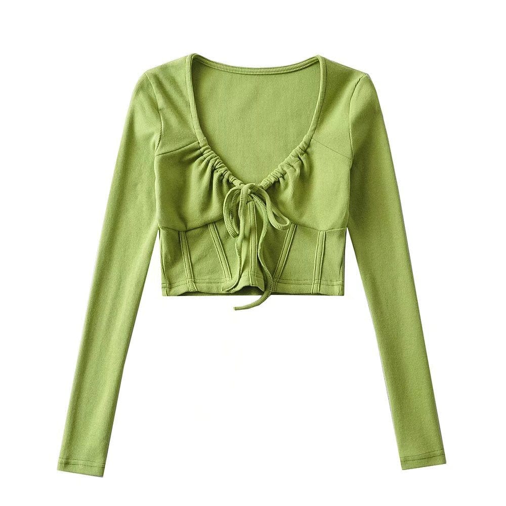 S / green R20129S 2022 New design women's fashion solid color slim short drawstring fishbone stickers long-sleeved T-shirt