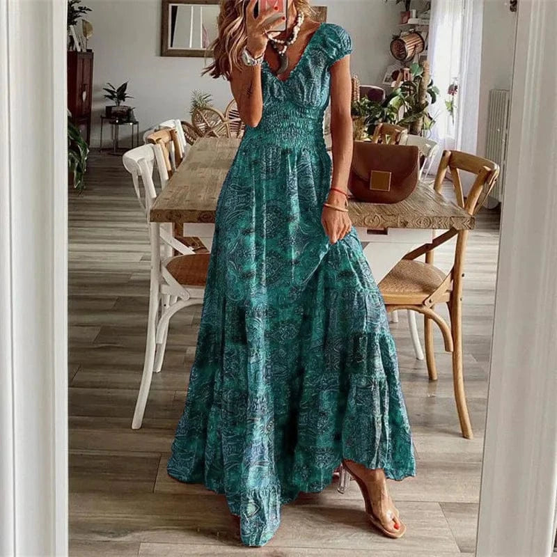 S / green S-3XL Bohemian style new dress long skirt with waist cinched floral print large hem dress