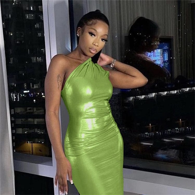 S / green Sexy Solid Asymmetric Bodycon Maxi Dresses Club Outfit For Women 2023 Inclined Collar Party Long Dress