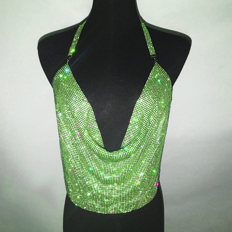 S / green SHIHAN 2023 New Sexy rhinestones top color chainmail diamond party crystal deep V crop top for fashion festival vest women
