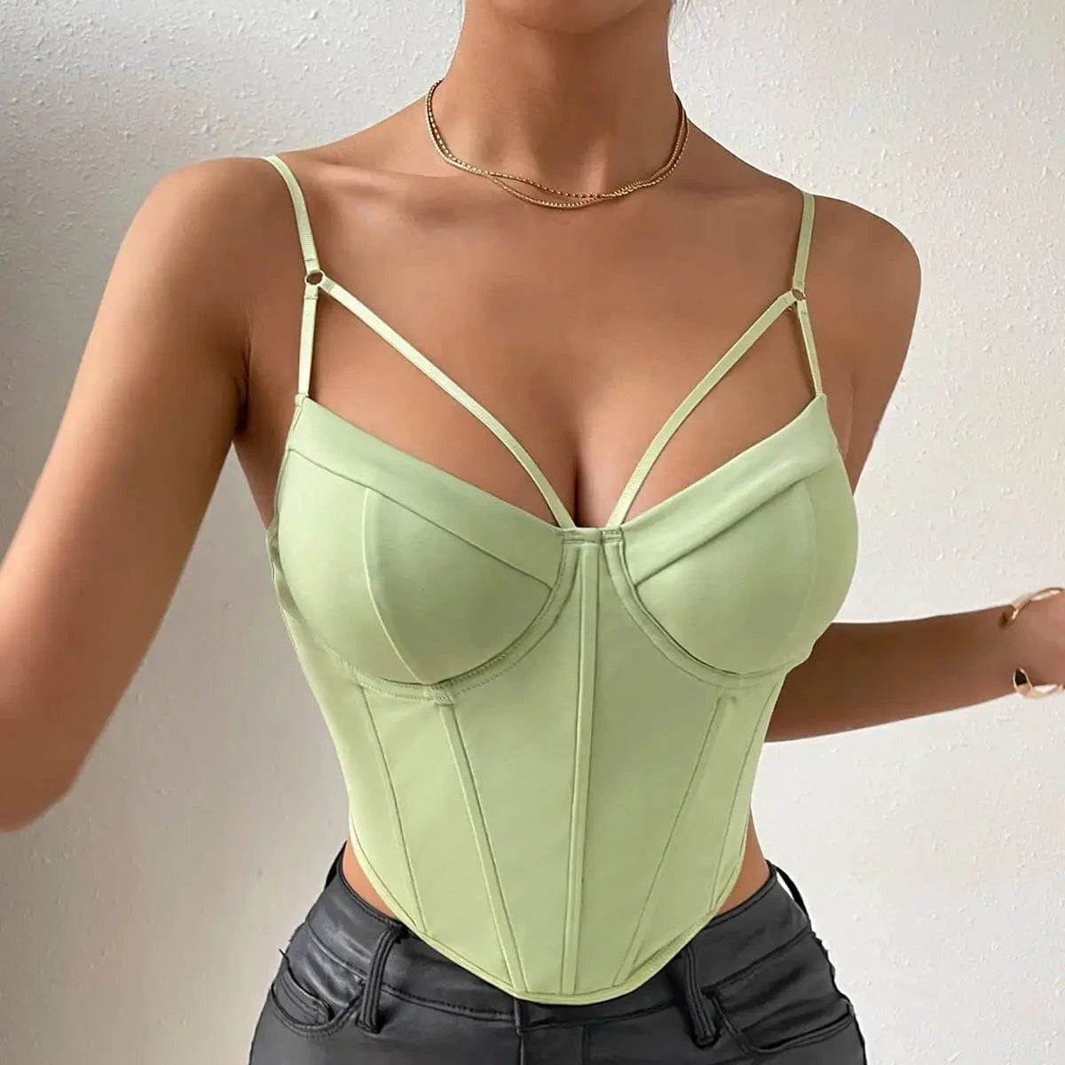S / green summer fashion Diamond slim sexy backless Fish bone steel ring solid color all-match hot girl vest