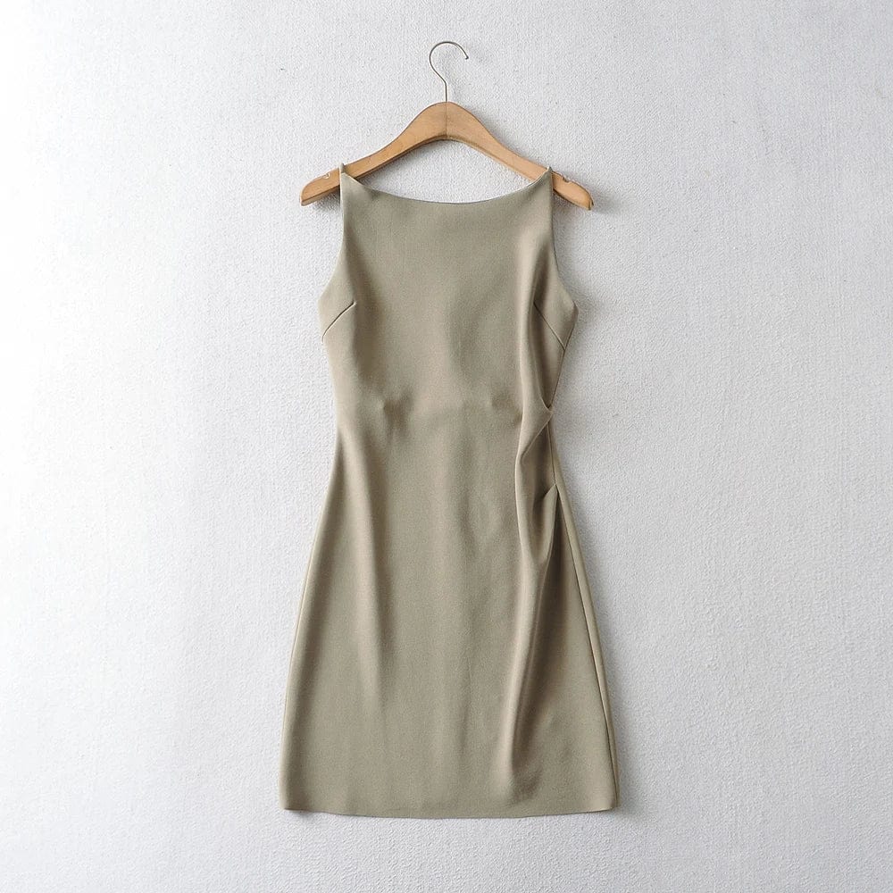 S / green Summer One shoulder Vest Elegant Summer New Style Pleated A-line Ruched Midi Dress