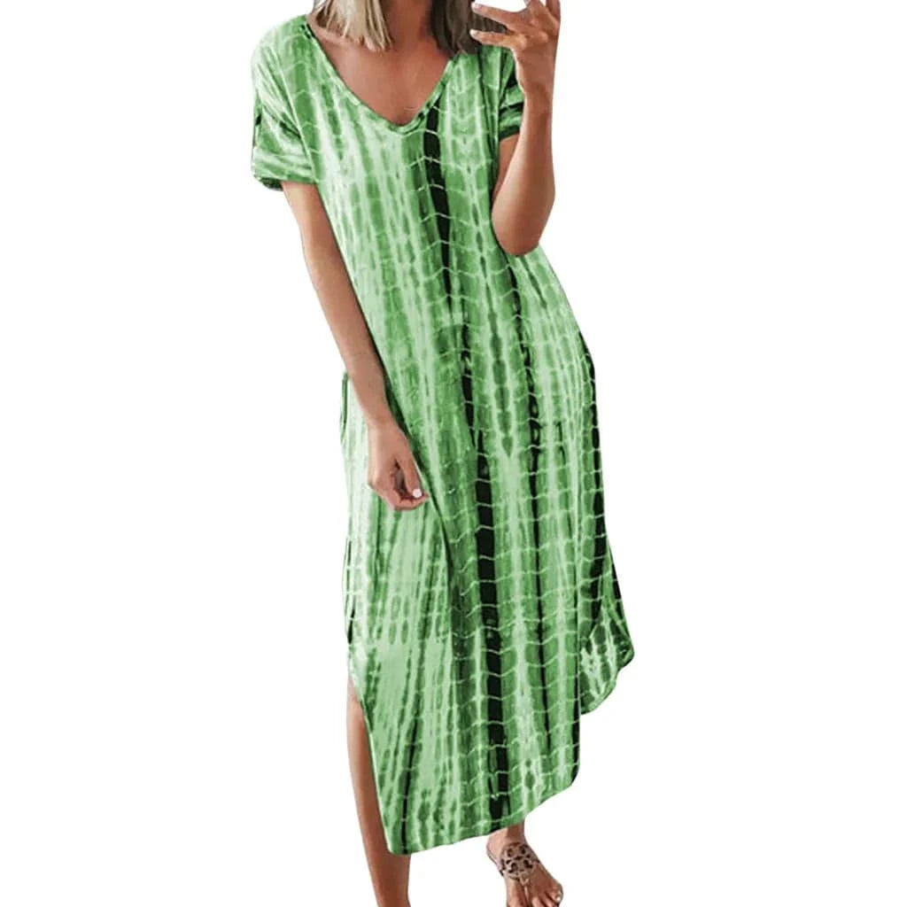 S / green Summer Women Dresses Tie Dye Print Side Split Loose Long Dress Curved Hem V Neck Short Sleeve Maxi Dress EQ1069