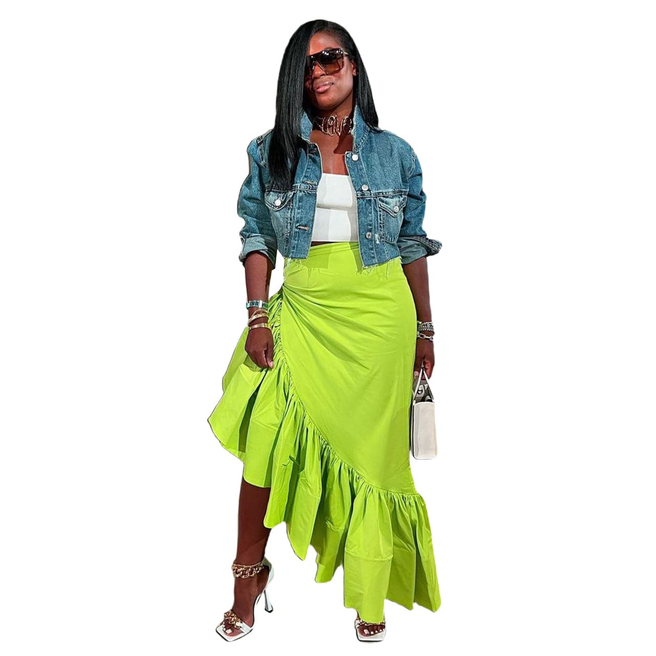 S / green Trendy Women Clothes Tops Long Skirt For Ladies Casual Ruffled Skirt