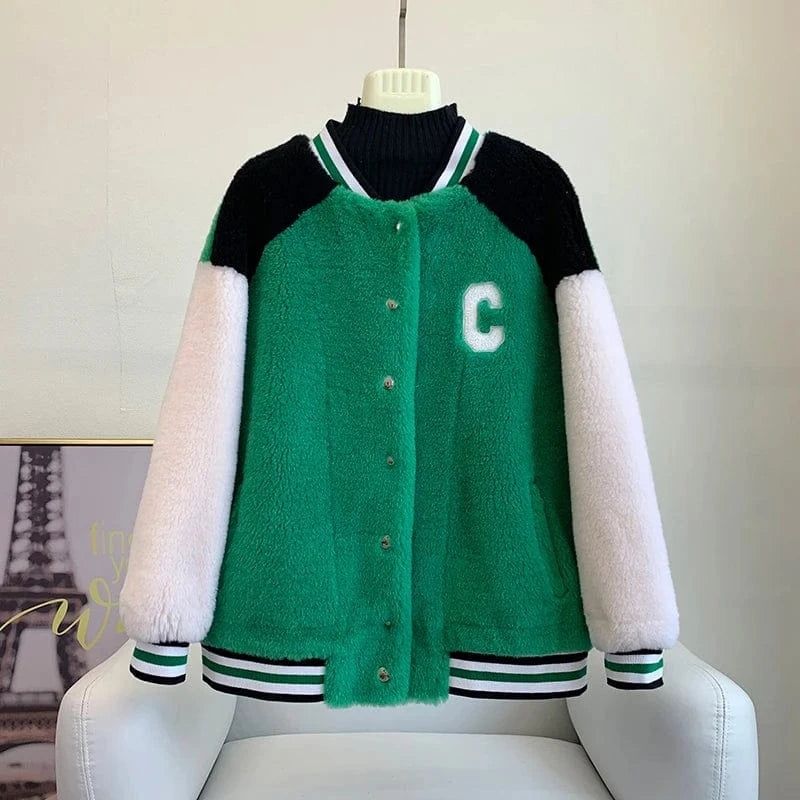 S / green Women Girl Sheep Shearling Baseball Warm Coats Female Lady Lamb Wool Fur Jacket Winter Overcoat JT3276