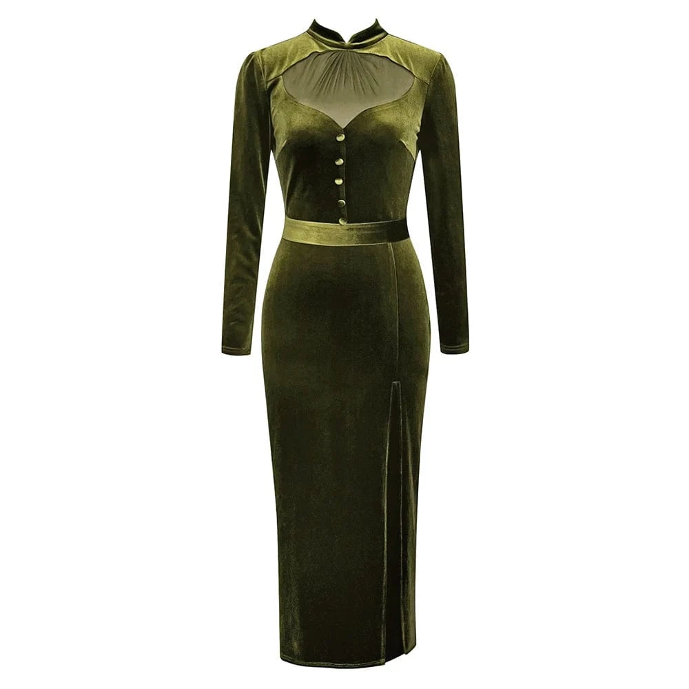S / green YBH0366 Autumn Fashion Long Sleeve Evening Dress High Quality Luxury Green Vestidos Elegant Casual Party Velvet Woman Dresses