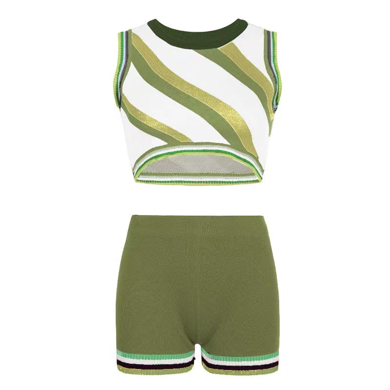 S / green ZHEZHE 2023 New arrivals contrast color knitted fabric women's tank top and gym shorts sexy outfits for women club wear