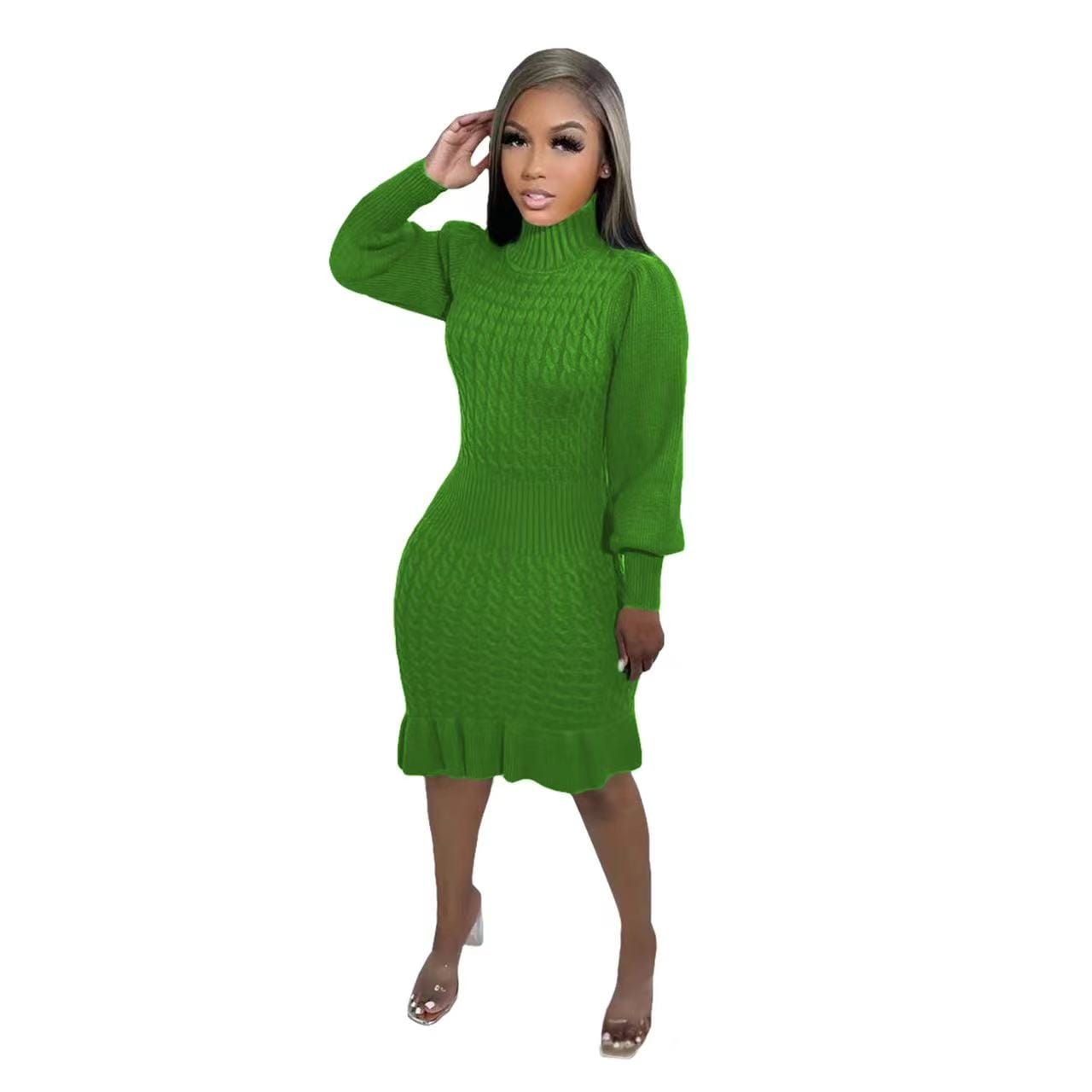 S / green ZHEZHE 2023 New arrivals solid color high neck long sleeve knit dress with falbala casual sweater dress women clothing