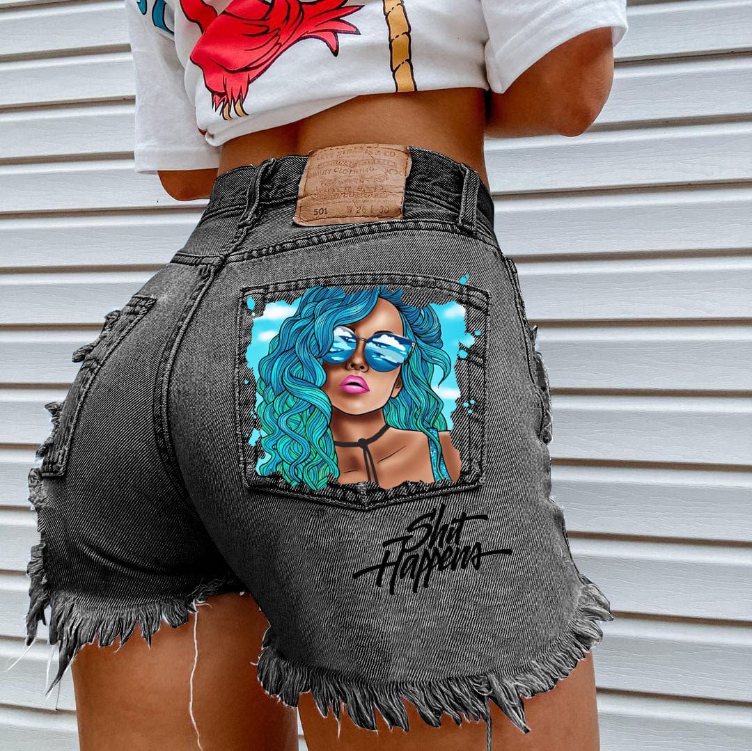 S / grey-1 2023 Hot Sale Women Jeans Girls Print Ripped Denim Shorts Fashion Sexy Female Shorts Jeans Shorts Women Sexy SkinnyShorts