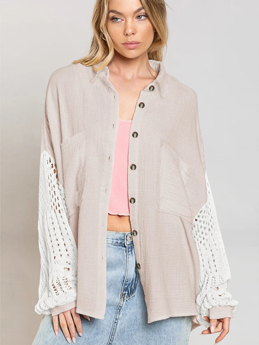 S / GSCK001 Fall Soft Rayon Loose Hollow Out Lace Women Wholesale Button Down Shirt