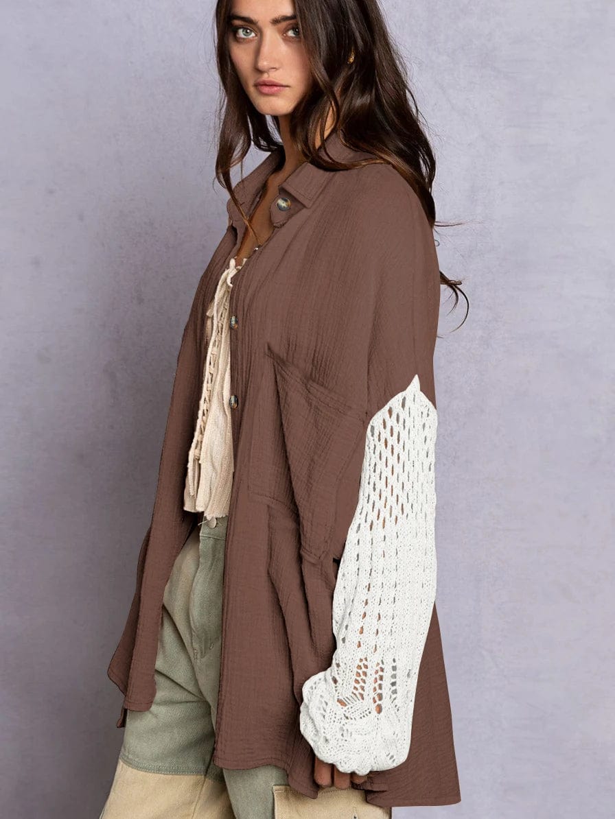 S / GSCK003 Fall Soft Rayon Loose Hollow Out Lace Women Wholesale Button Down Shirt