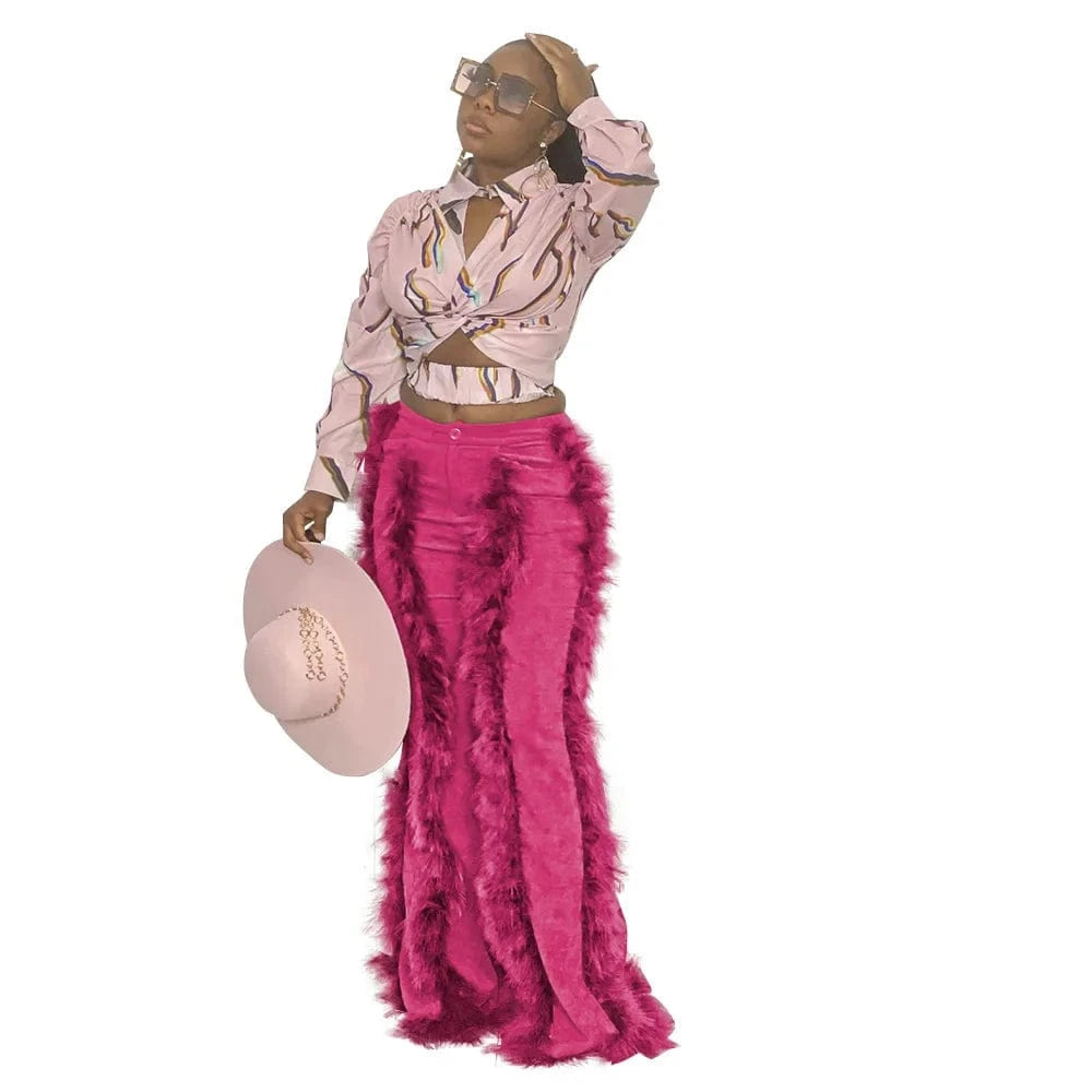 S / hot Pink Feather Trendy Fringe High Bottom Corduroy Pants Flare Women Velvet Flare Pants Fringe Tassel Women Pants Wide Leg
