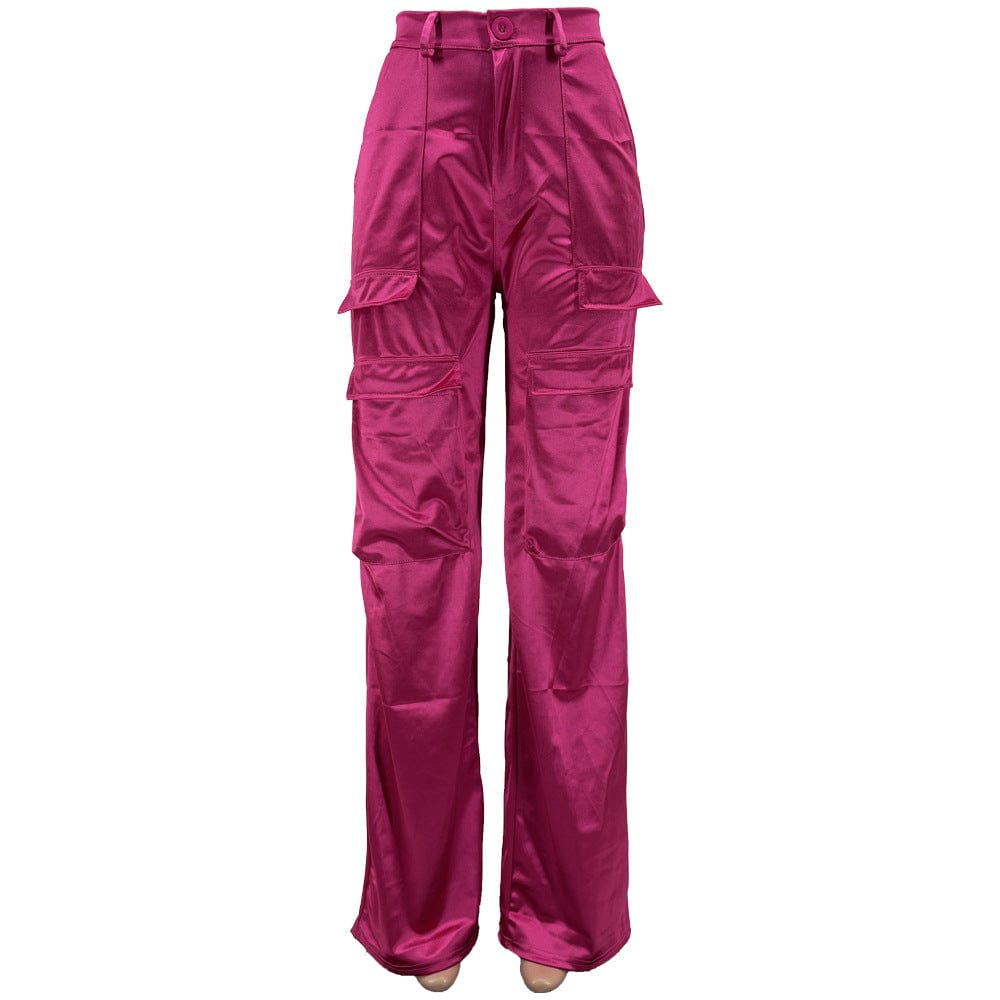 S / Hot  Pink Newest trendy casual hot pink multi pocket cargo pants for ladies high waist loose baggy wide leg women's pants trousers