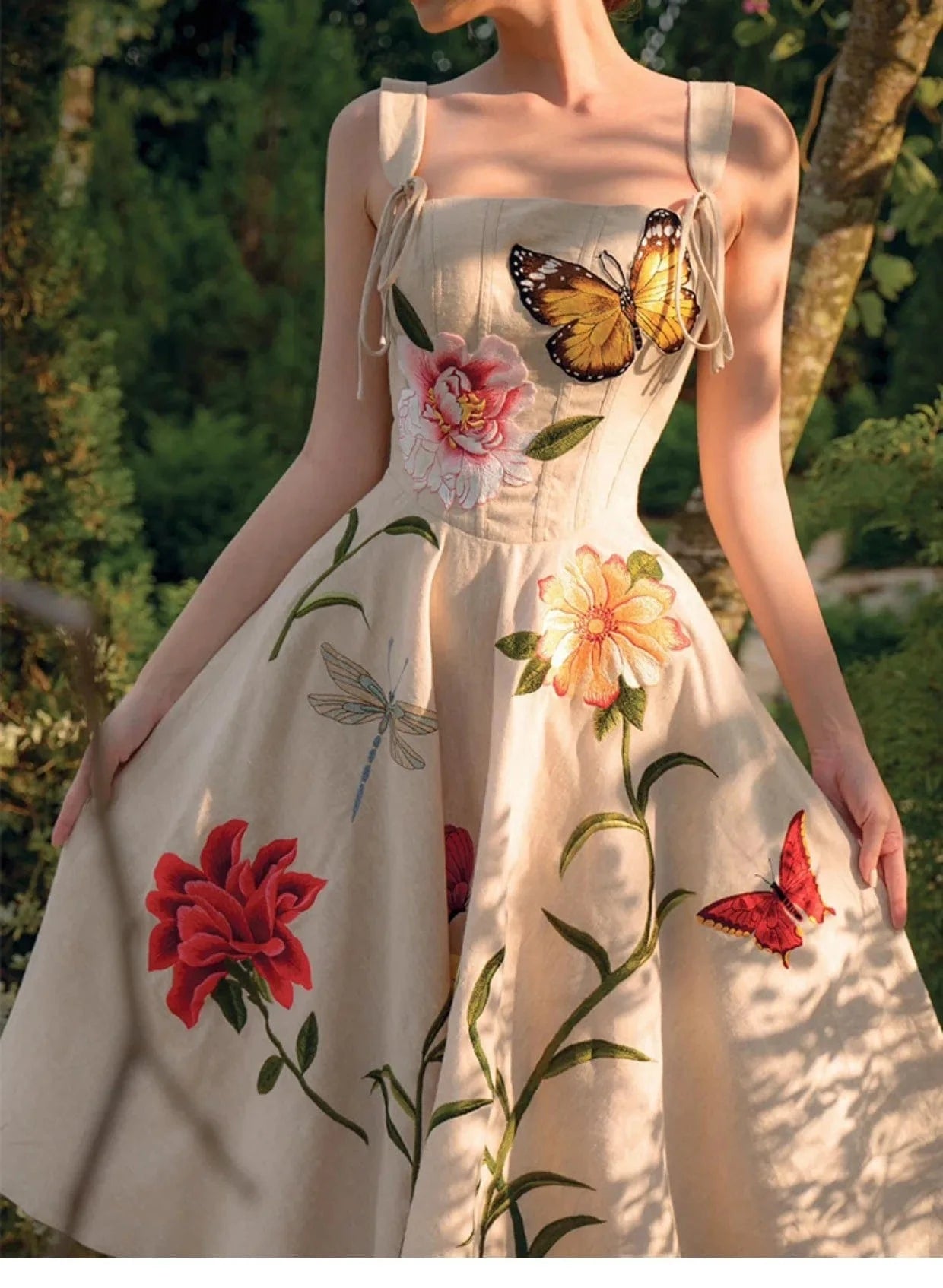 S / Image Color Summer Vietnam Long Dress Women's Three-dimensional Vintage Flower Dress Lady Waist Slimming Strap Sweet Dress