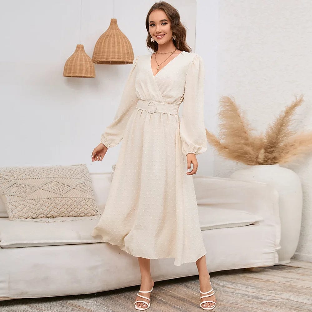 S / Ivory New V-neck Long Sleeve Printed Solid Color Waist Loose Spring  Autumn Daily Commute Casual  Women Lady Long Dress