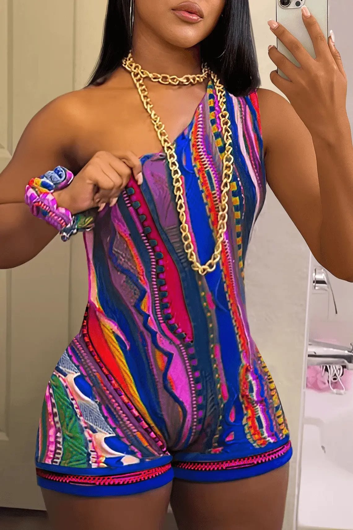 S / Jumpsuit #2 New Multicolor Rompers Women Jumpsuit 2023 All Over Print Rompers Women Jumpsuit Sexy One Shoulder Casual Dresses