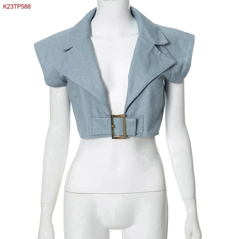 S / K23TP588 Blue / Spandex / Cotton Cutenova K23TP588 2024 Deep V-neck Ins Trend Top Selling Products Denim Crop Top Jeans Women