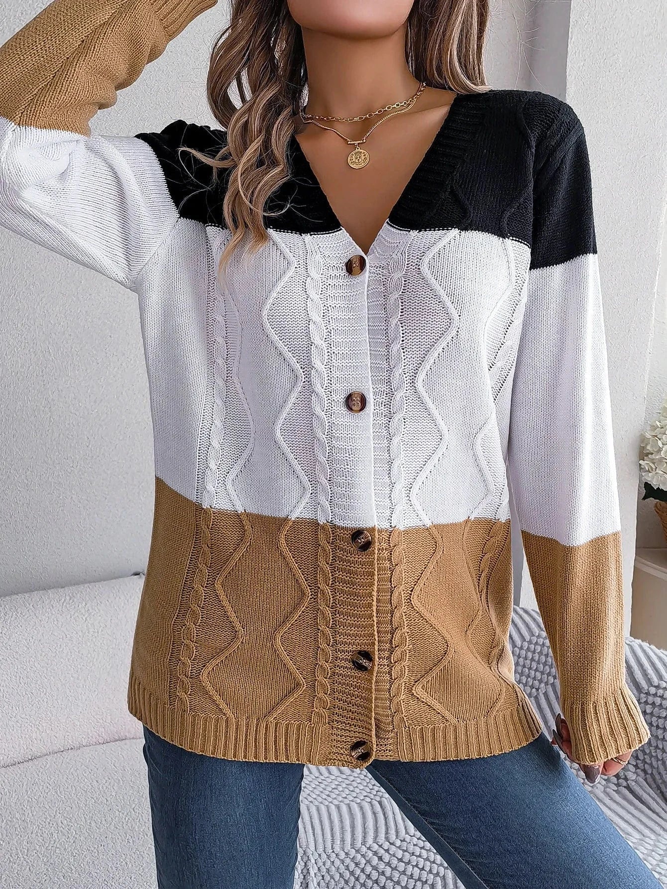 S / Khaki 2023 Hot Sale Women Autumn and Winter Single Breasted Cardigan V-neck Sweater Long Sleeve Casual Loose  knitted Sweater