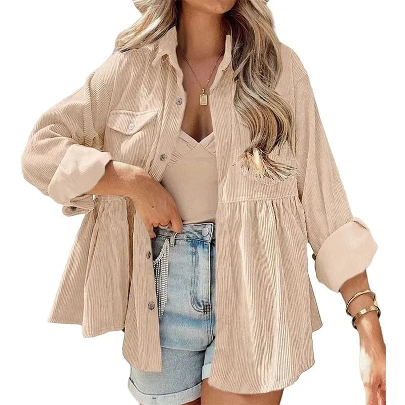 S / Khaki 2023 New European and American Cross-border Women's long-sleeved Corduroy ruffled shirt Top buckle shirt For women