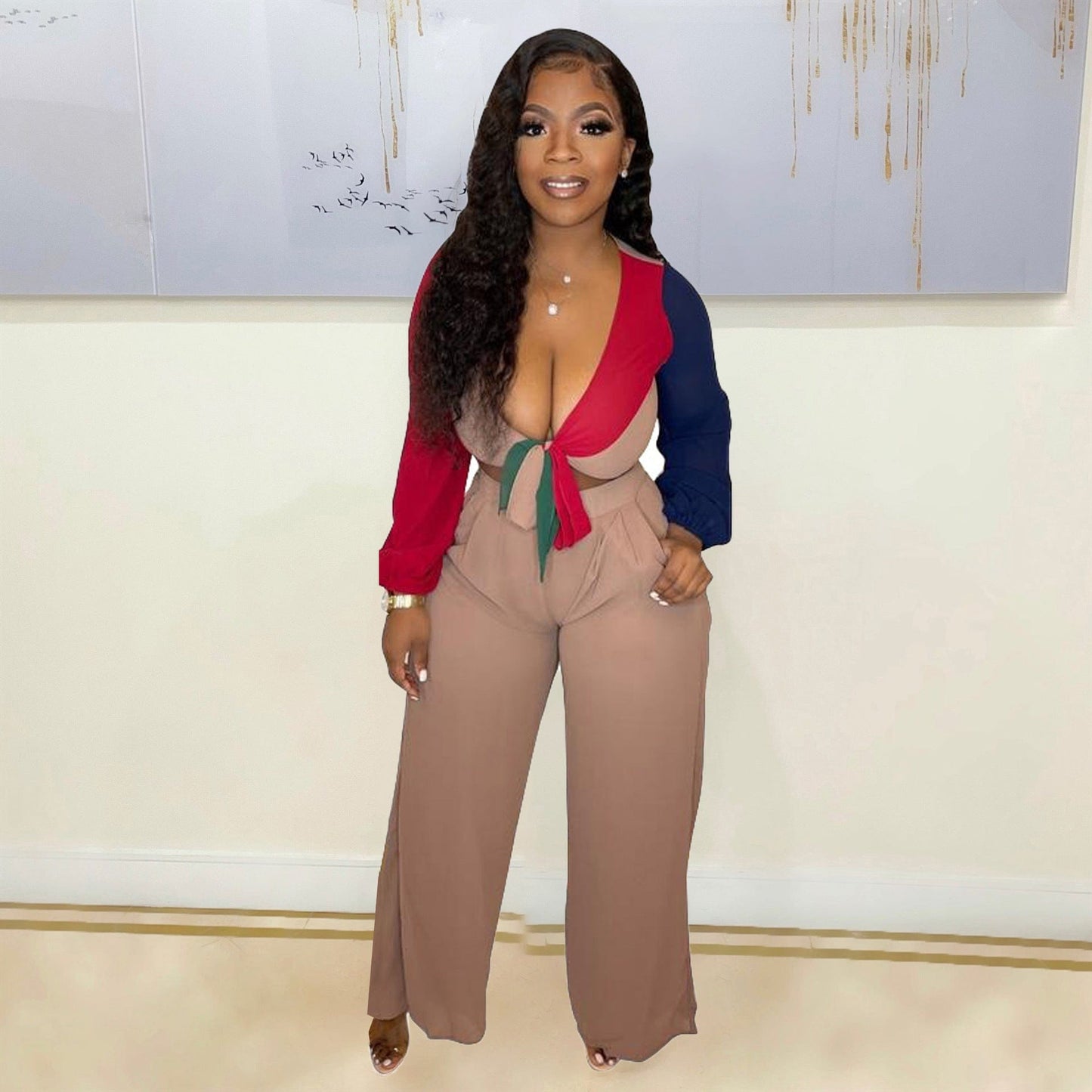 S / Khaki 2023 Spring Women Clothes Casual Patchwork 2 Piece Set Long Sleeve  Wide Leg Pants Two Piece Sets for Women Clothing