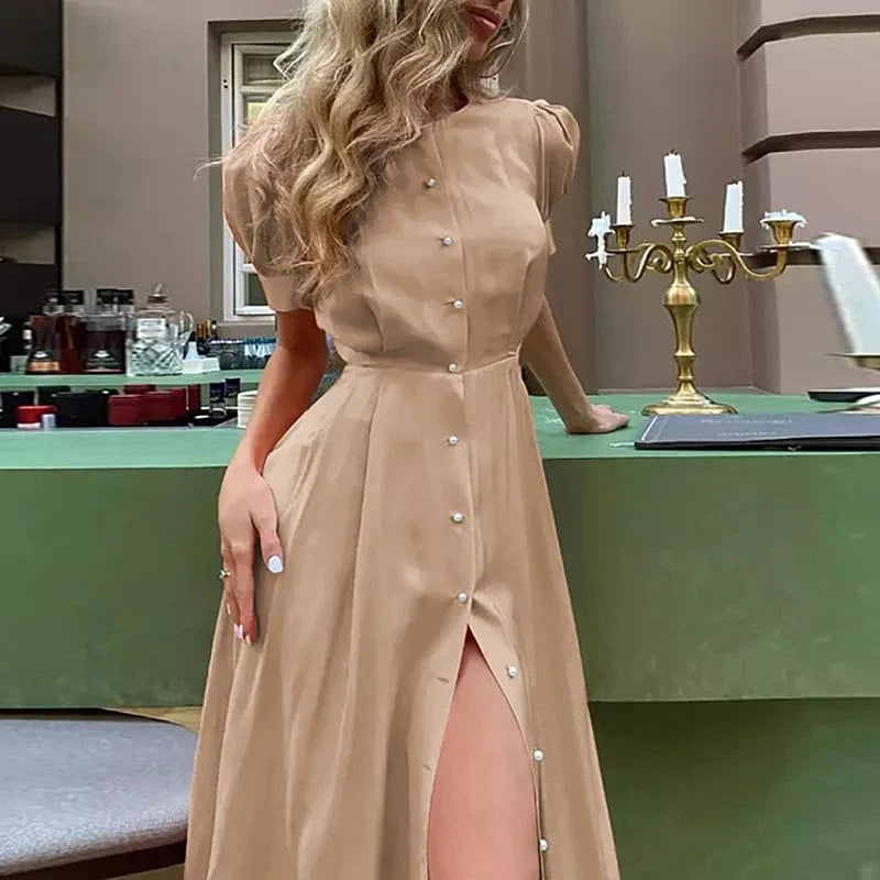 S / Khaki 2024 Summer European and American New Solid Color Temperament Slim Fit High Waist Cardigan Button Mid length Dress