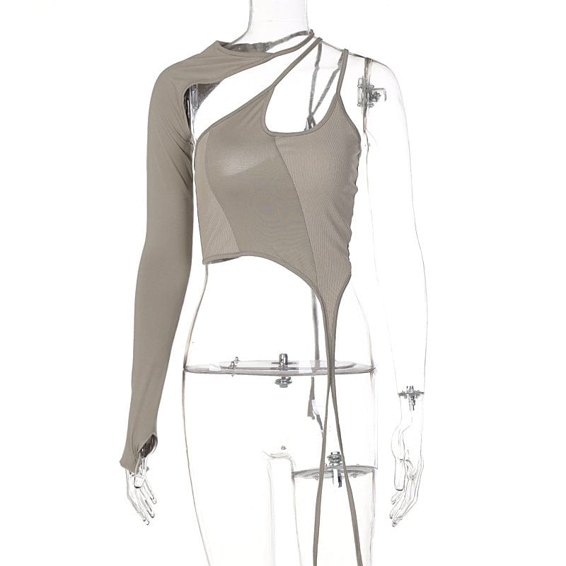 S / Khaki Bomblook QWTP32 Women Clothing Y2k Tops Long Sleeve Shirt One Shoulder Cami Fashion 2022 Cut Out Halter Crop Top