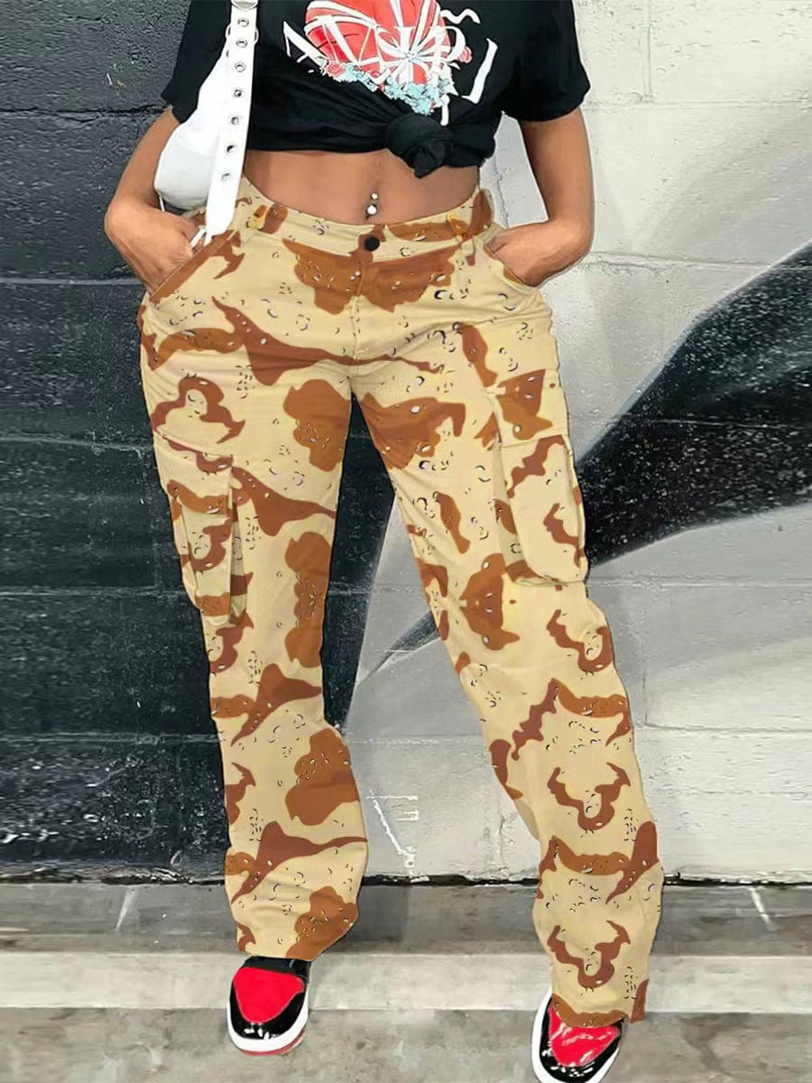 S / Khaki C0152 2022 spring high waist work trousers camouflage straight overalls for women