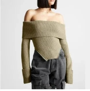 S / Khaki CHICEVER Casual Slash Neck Long Sleeve Cold Shoulder Knitted Sweaters For Women 2023