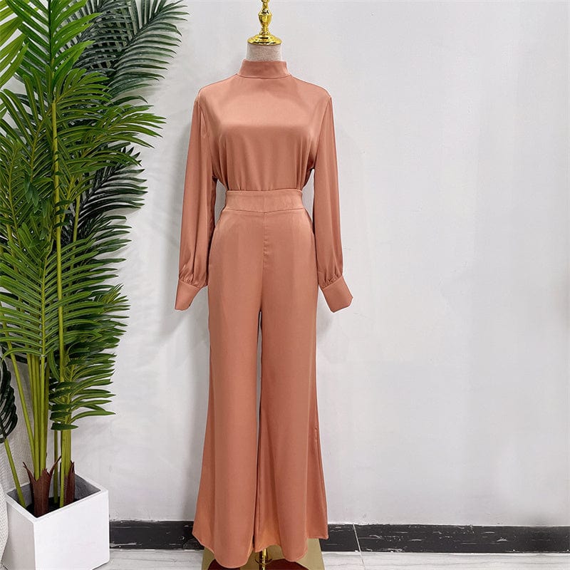 S / Khaki Co Ord 2 Piece Satin Silk Suit Muslim Islamic Clothing T-shirt Match Pockets Pants Malaysia Borong Abaya Baju Kurung