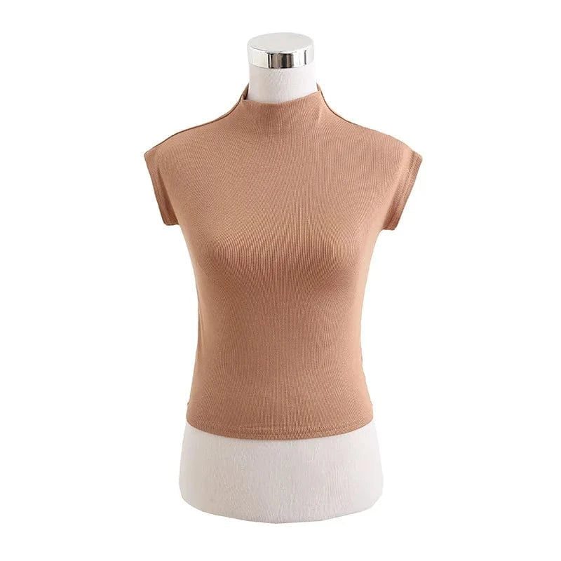 S / Khaki Dropshipping Women Crop Top T Shirt with Turtle Neck High Strech Rib