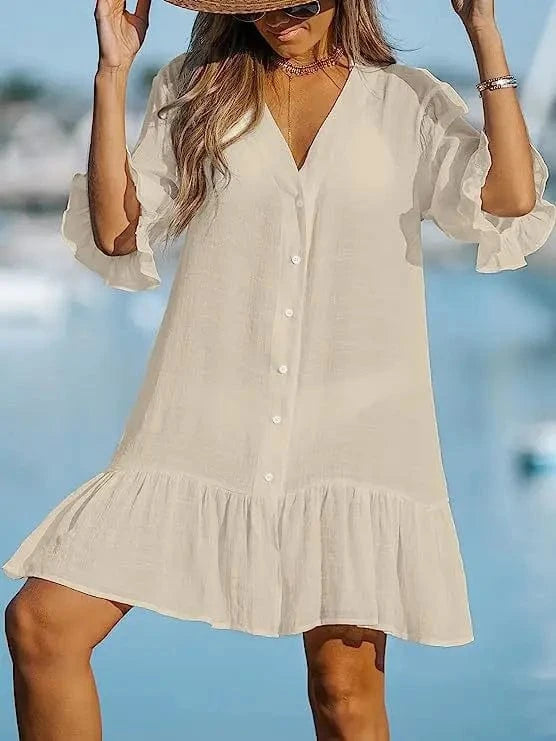 S / Khaki European and American 2023 Summer New V-neck Ruffled dress Solid color Beach skirt ins Sun-proof blouse For women