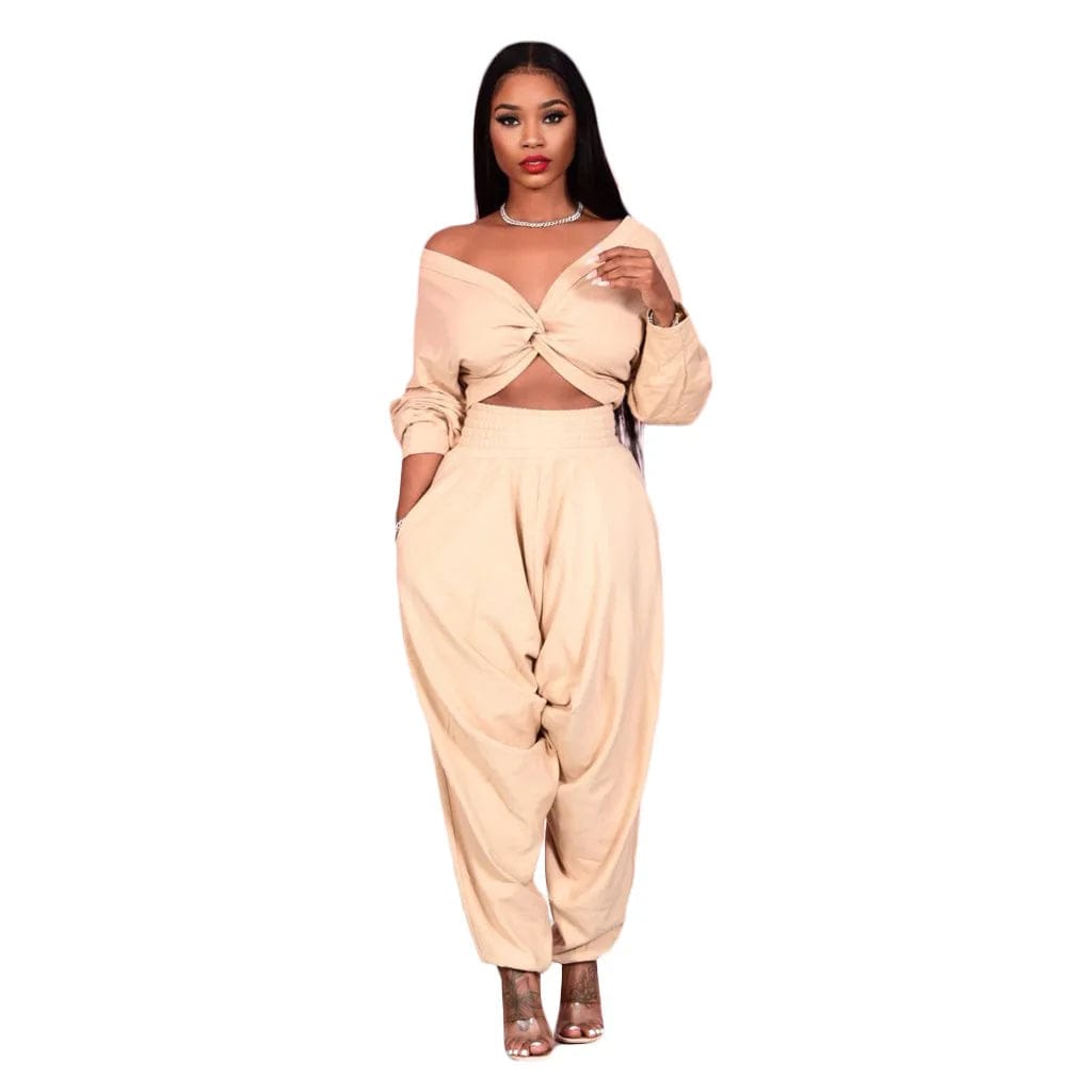 S / Khaki Fall Solid Long Sleeve Crop Tops Harem Pants Women's Loose Outfits Sexy Ladies Two Piece Pants Set With Pocket