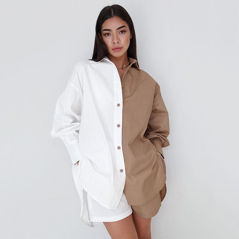 S / Khaki Fashion Spring Autumn Oversized Shirts + Shorts Set Women Spell Color Casual Loose Tracksuit Woman Cotton Linen Two Piece Sets
