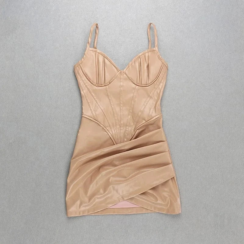 S / Khaki Hot women PU strap sexy mini club dresses leather dress