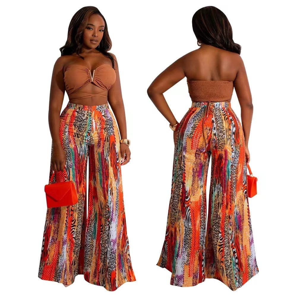 S / Khaki J&H 2023 new arrivals tube top printed blazer pants suits 2 piece ladies sexy vacation outfits